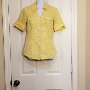 Guess Yellow and White Plaid Button Down Shirt
